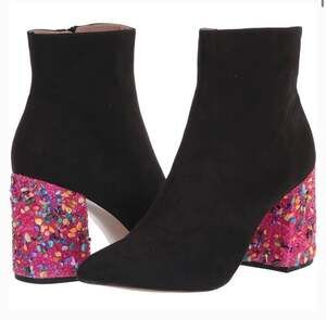 Betsey Johnson Black Suede Ankle Boots with Multi-Color Gemstone Block Heel